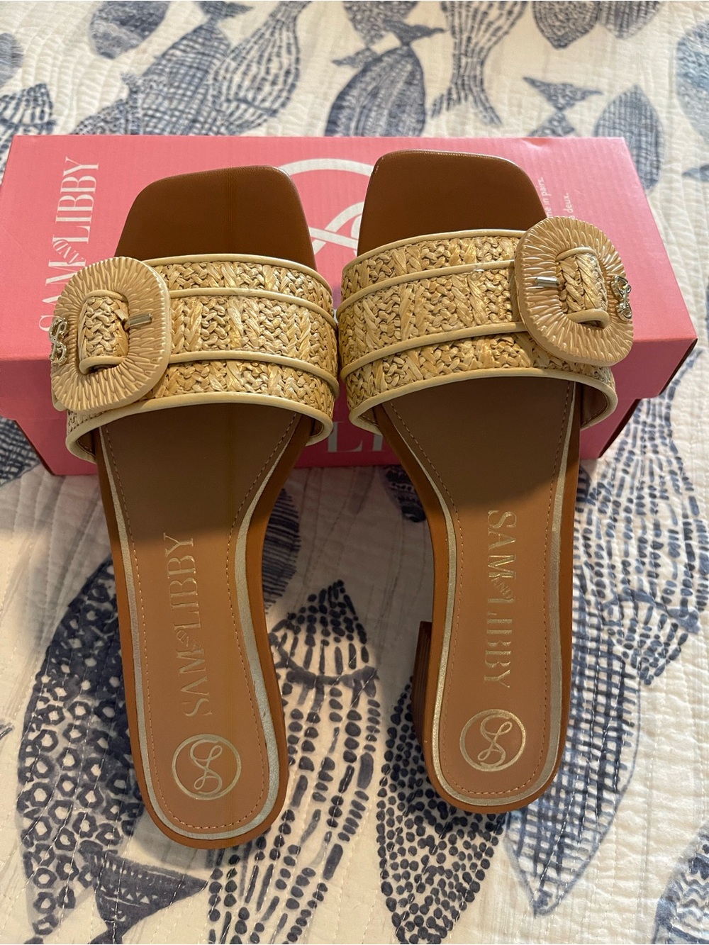 Sam and Libby Sam Edelman Natural Woven Buckle Slide Sandals